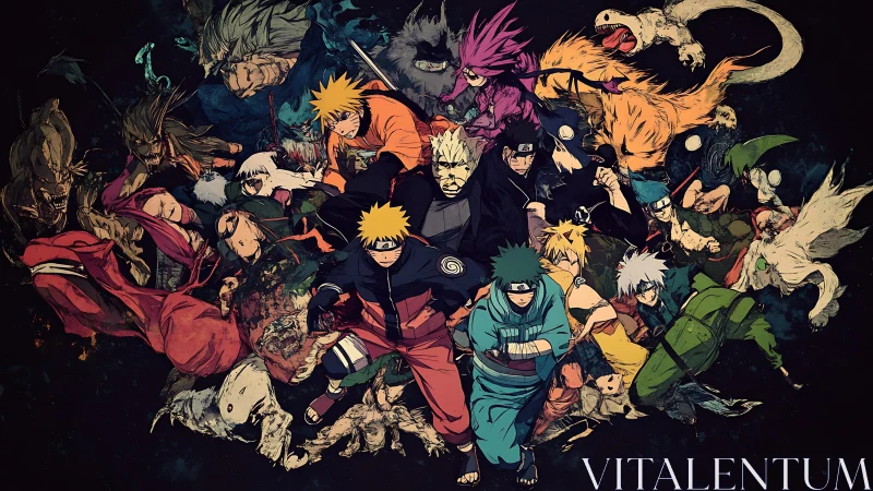 Dynamic anime ensemble illustration captures kinetic combat energy