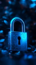 Metal padlock stands upright under blue low key lighting