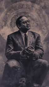 Seated dignified man in suit before ornate circular halo