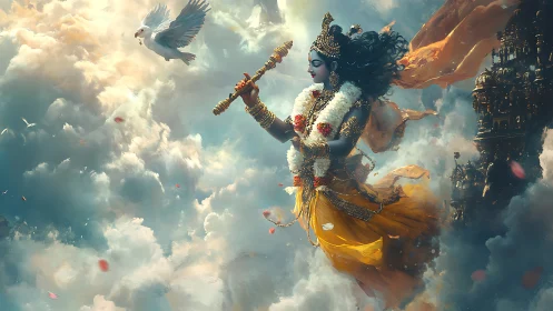 Divine figure with flute among clouds and temple spires.