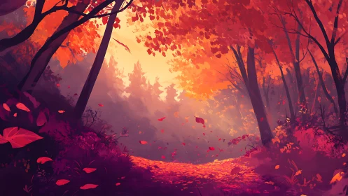 Autumn Forest Pathway. Golden Leaves Drift Through Fiery Woodland Scene.