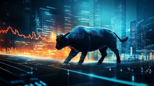 Cybernetic bull sculpture strides across neon financial data grid