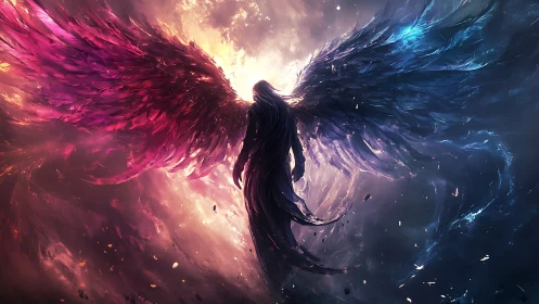 Bipolar winged silhouette in nebular light, magenta to cyan gradient