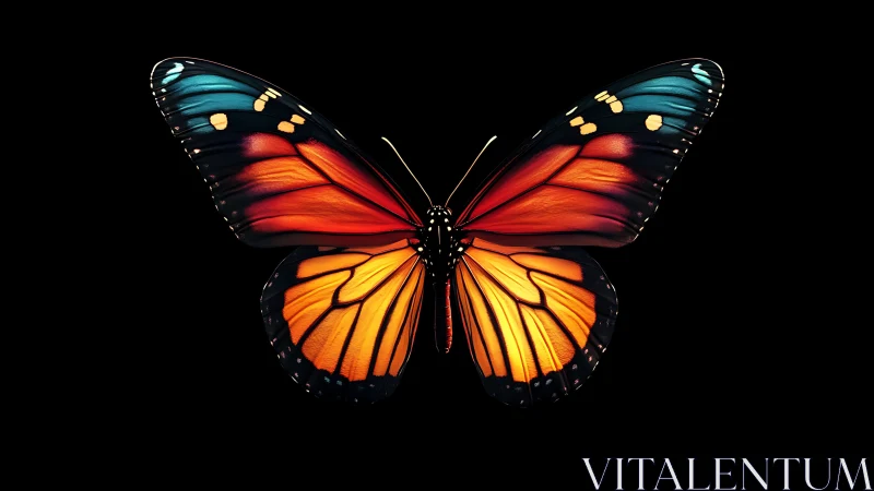 Symmetrical macro study of vivid orange blue butterfly wings