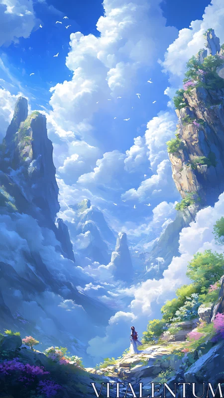 Solitary figure on mountain path under expansive cloudscape.