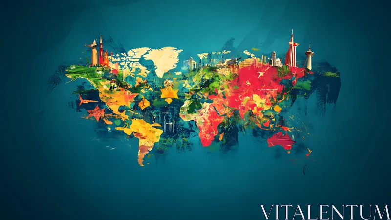 Color-coded world map with global landmarks and silhouettes.