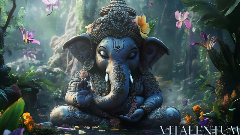 Serene Ganesh statue meditates amid glowing jungle blooms