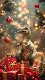 Tyrannosaurus rex toy stands among bright Christmas gifts.