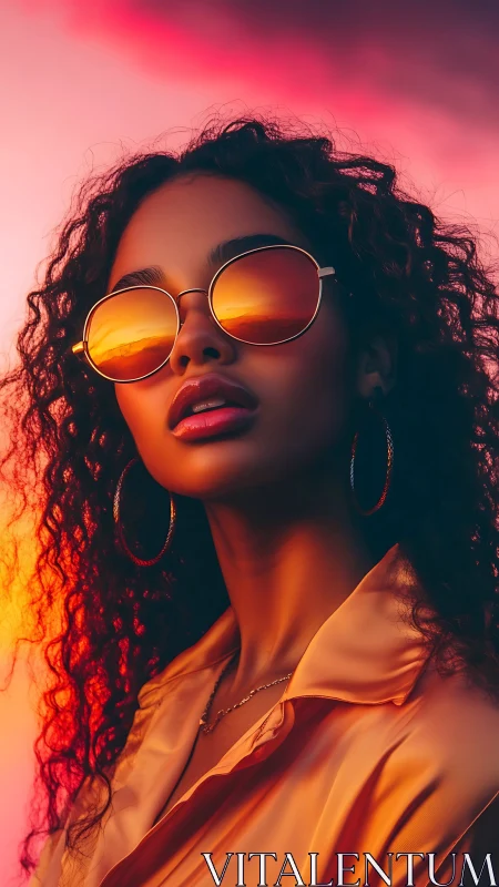 Sunset-soaked muse in mirror-bright golden aviator shades.