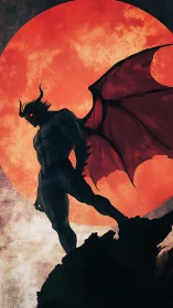 Winged demon silhouette against a large red moon.