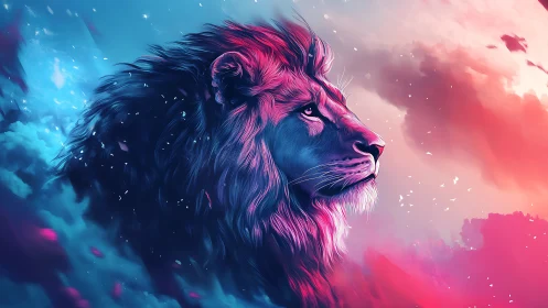 Majestic lion profile in vivid neon twilight clouds.