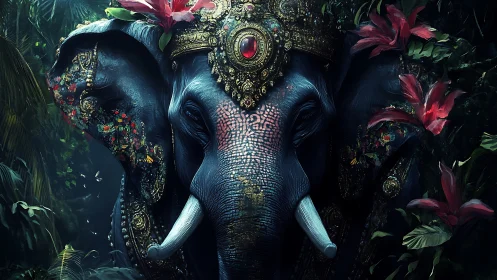 Regal jewel-encrusted jungle elephant under bioluminescent canopy.