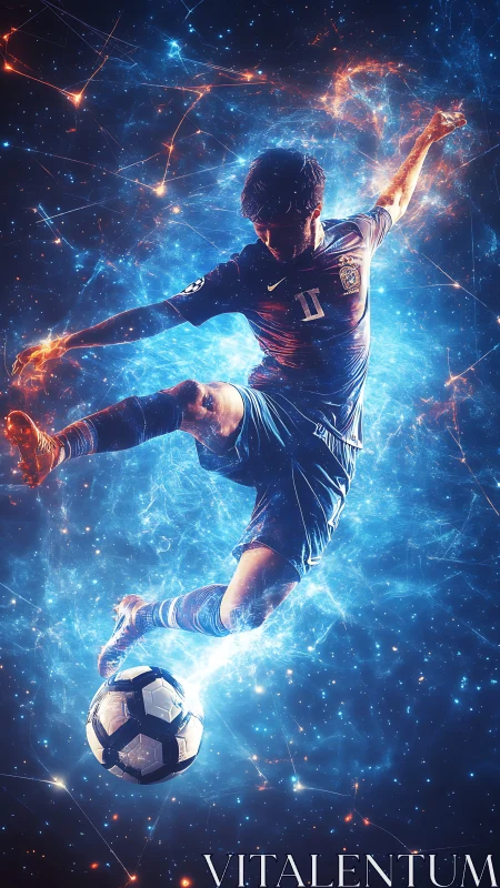 Dynamic cosmic footballer executes midair kick in neon bloom