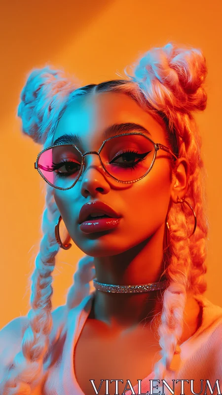 Neon-lit portrait with braided hair and reflective glasses.