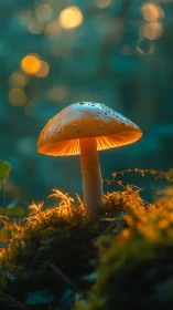 Backlit fly agaric mushroom macro with golden hour bokeh glow
