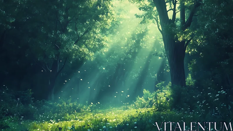 Sunlit Forest Clearing with Wildflowers and God Rays
