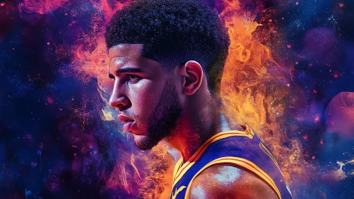Intense basketball player portrait in fiery neon colors.