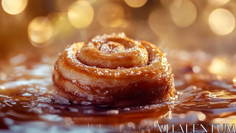 Cinnamon roll close-up in warm caramel glaze bokeh.