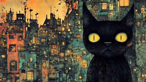 Nocturnal black cat before dense neon-lit urban skyline