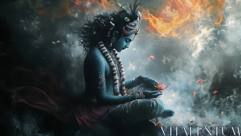 Blue-skinned seated figure with lotus amid swirling smoke.