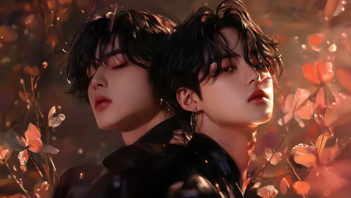 Dual portraits in soft floral light with reflective mood.