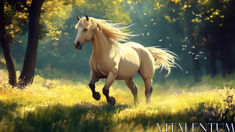 Golden stallion charges through sunlit forest meadow.
