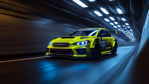 Yellow race car charges through a glowing tunnel of speed