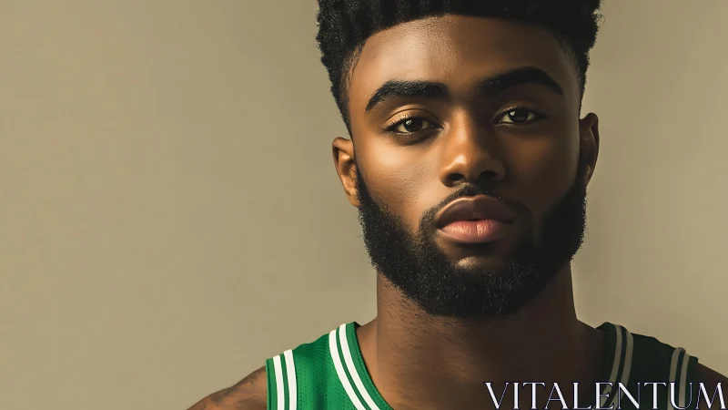 Basketball portrait showcases intense gaze and warm lighting.