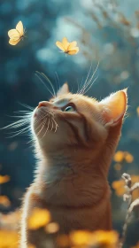 Curious ginger kitten watches golden butterflies in bloom.
