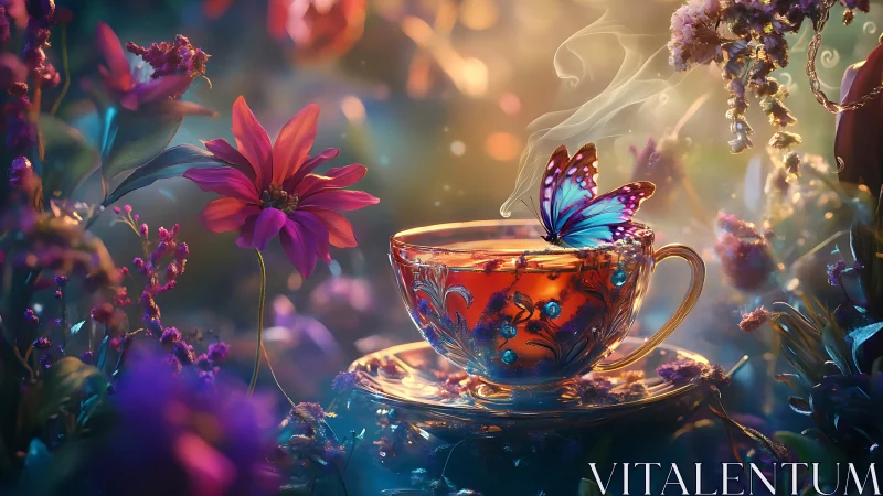 Enchanted teacup welcomes a resting butterfly in glowing garden