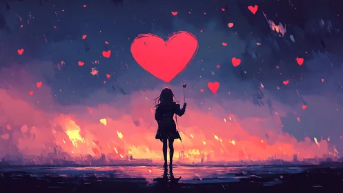 Silhouetted figure holding floating red heart against sunset cityscape