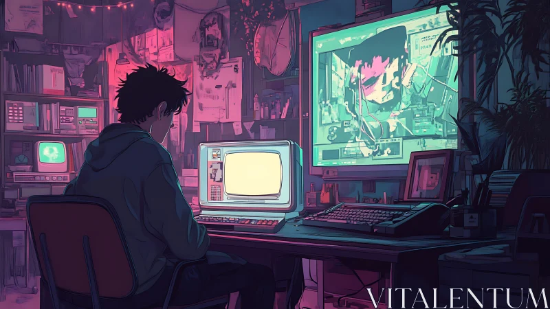 Neon night coder communes with glitchy retro machines.