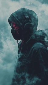 Hooded headphone user in fog with glowing fractured facial core
