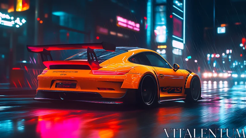 Neon orange sports car cuts through rainy cyberpunk city streets.