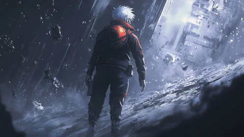 Storm-torn cyber wanderer before collapsing neon corridor.