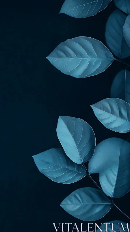 Monochrome blue leaves on dark background, minimal composition.