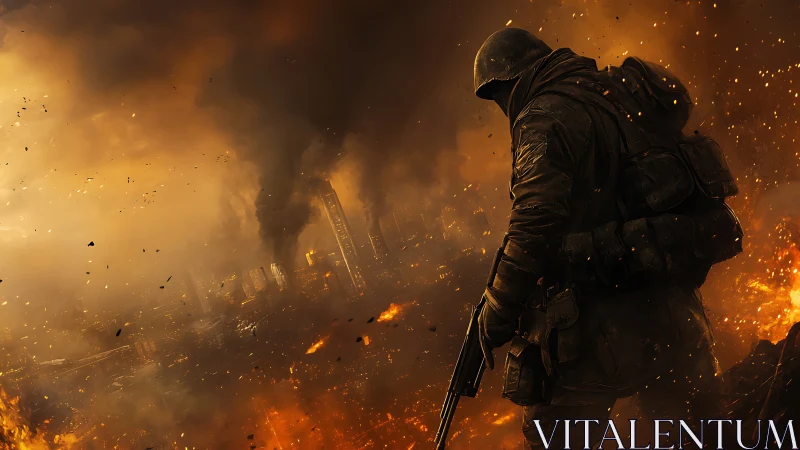 Lone soldier overlooks a burning city in apocalyptic war