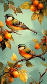 Two small songbirds perch on fruiting branches against teal