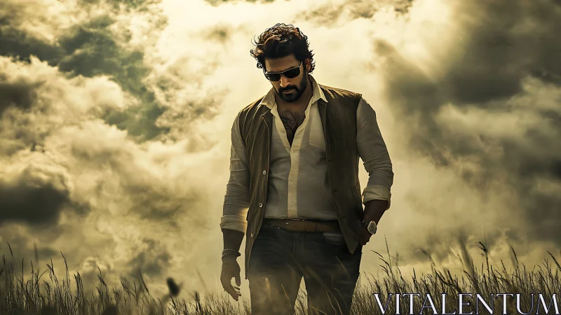 Solitary man strides through stormy field under golden sky