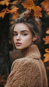 Photorealistic autumn portrait with shallow depth framing.