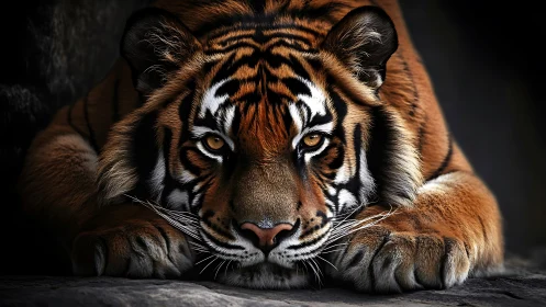 Resting tiger in low light with frontal, symmetrical view.