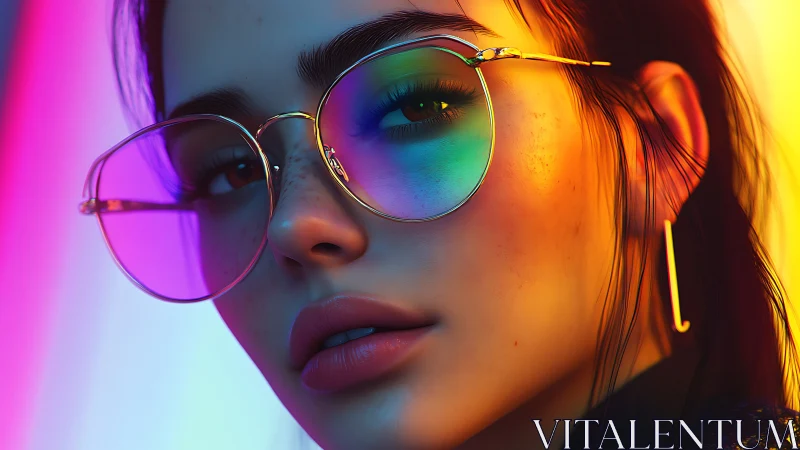 Neon-lit portrait captures reflective glasses with chromatic flares