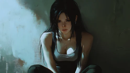 Pensive woman in tank top seated against dark wall.