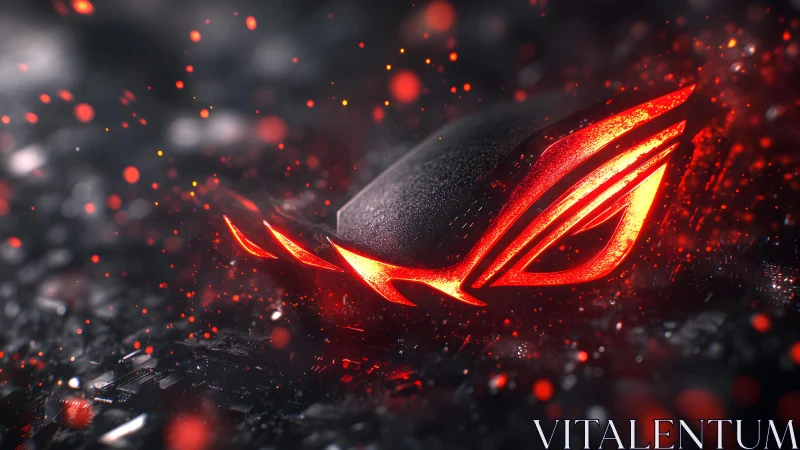 Futuristic glowing red ROG logo on dark textured background.