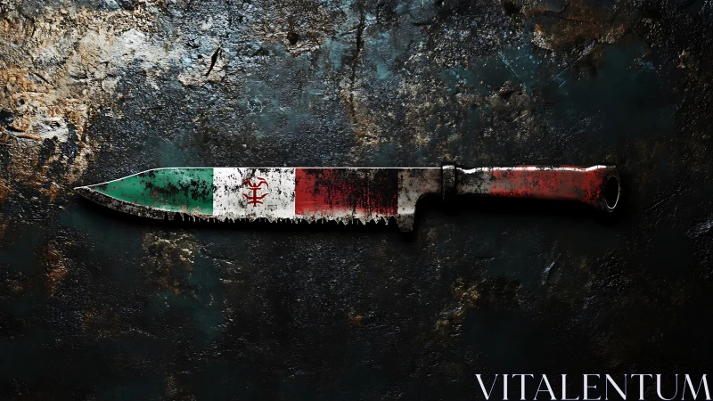 Knife with tricolor paint lies on corroded metal surface