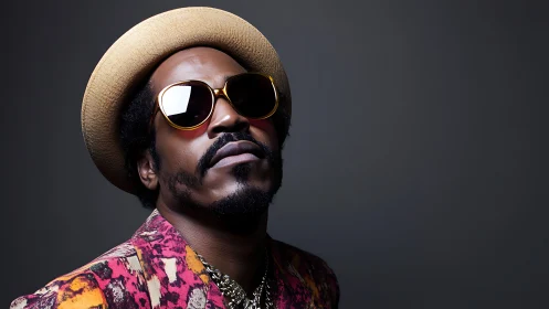 Stylish portrait with straw hat, patterned jacket, deep shadows.