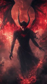 Infernal winged warlock descending through volcanic dusk.