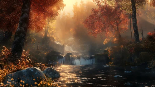 Autumn forest stream with small cascades in soft sunlight.