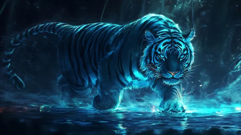 Blue lit tiger stalking through glowing jungle water.