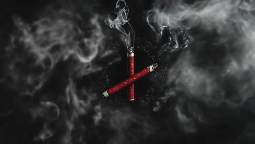 Anti-smoking symbol constructed from burning cigarettes in dense smoke